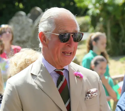 Prince Charles wearing sunglasses, a suit with a striped tie, and a pink flower on his lapel, outdoors at a public event.