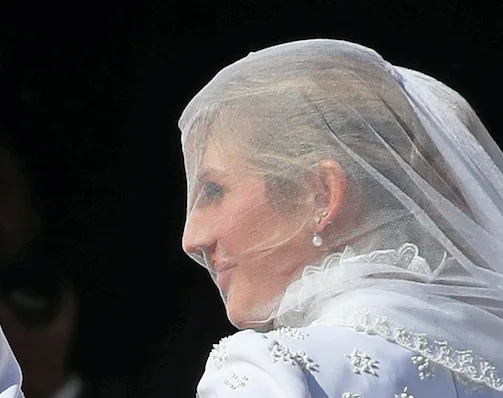 A bride with a veil, wearing an embroidered white gown, looks to the side during a formal outdoor event.
