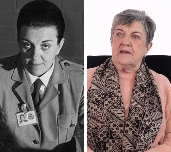 Side-by-side images of a woman in a uniform and the same woman older, wearing a sweater and patterned scarf.