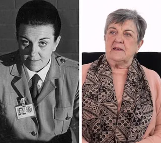 Side-by-side images of a woman in a uniform and the same woman older, wearing a sweater and patterned scarf.