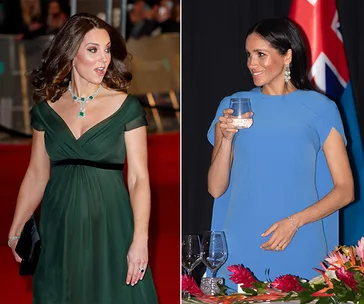 Two women in elegant dresses with jewelry; one in green, the other in blue holding a glass, against formal settings.