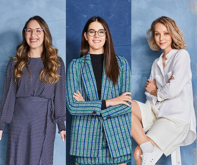 Three women in glasses, wearing stylish outfits against a blue backdrop, each with unique poses and expressions.