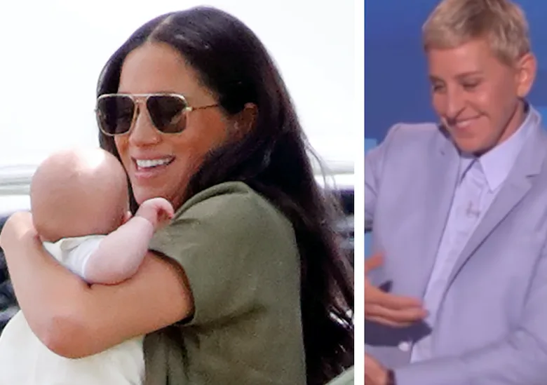 A woman hugs a baby on the left, and a person in a suit smiles on the right.