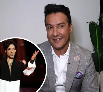 Karim Gharbi seated, smiling in a suit with an inset image of Prince performing on stage.