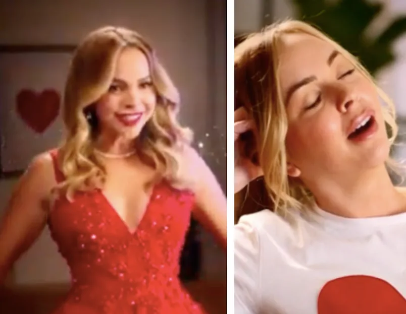 Two images of a woman: left in a red dress smiling; right with eyes closed wearing a white shirt with a red heart.