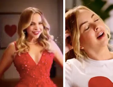 Two images of a woman: left in a red dress smiling; right with eyes closed wearing a white shirt with a red heart.