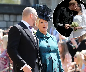 A couple attends Prince Harry and Meghan Markle's wedding, inset shows the bride and groom's kiss.