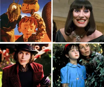 A collage of scenes from Roald Dahl movies, featuring characters from "James and the Giant Peach," "The Witches," "Charlie and the Chocolate Factory," and "Matilda."