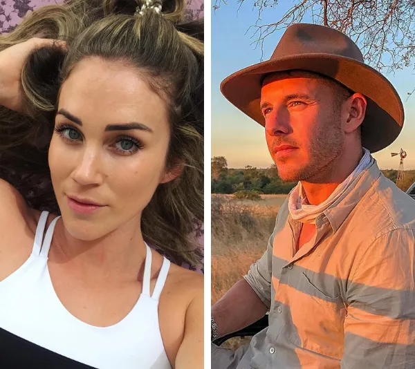 Two individuals: a woman lying on the grass and a man in a hat outdoors during sunset.