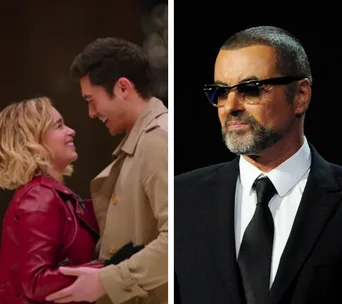 Two scenes: a man and woman smiling at each other, and a man in sunglasses and a suit.