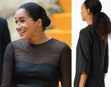 "Meghan Markle in a black dress with sheer top, smiling on the left; woman with ponytail wearing similar dress on right."