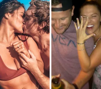 Couple kissing in beach attire; woman shows engagement ring, smiling widely with a man.