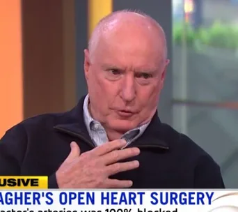 Senior man discussing open heart surgery on a TV show, touching his chest, with headline about artery blockage.