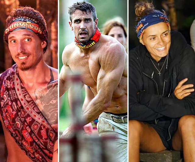 Three contestants from Australian Survivor: All Stars in different settings with buffs and casual attire.