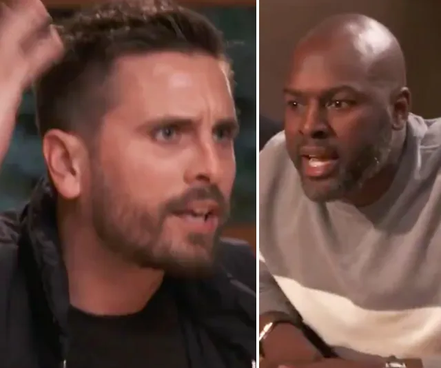 Two men are engaged in a heated argument at a table in a split-screen image.