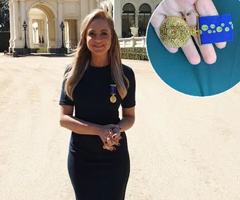 Carrie Bickmore wearing a navy dress with the Order of Australia Medal; inset shows the medal in hand.