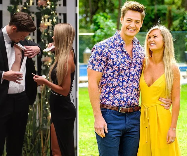 Couple from "The Bachelor" 2019: Left, a man shows his chest tattoo; Right, couple smiling outdoors, woman in yellow dress.