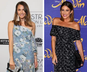 Two women in stylish dresses posing at separate events, one in floral and the other in patterned, with logos in the background.