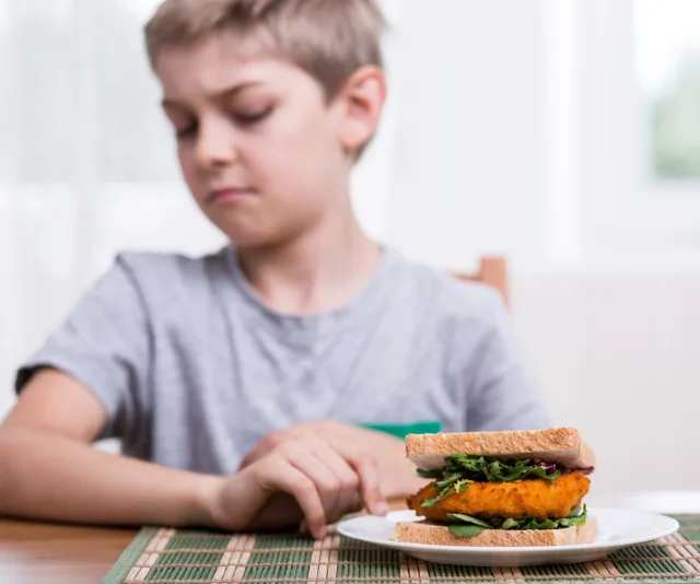 A boy in a grey shirt looks at a sandwich on a plate with vegetables and possibly chicken or tofu.