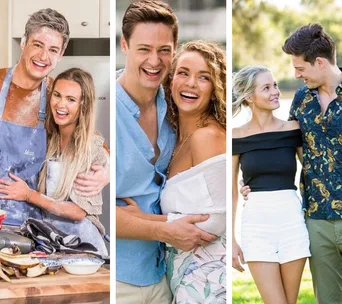 Couples from "The Bachelor Australia" sharing happy moments in various settings.