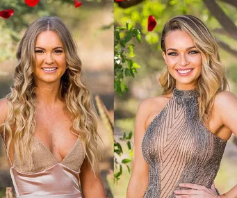 Two women smiling, one in a deep V-neck gold dress, the other in a sleeveless metallic dress, with rose petals above.