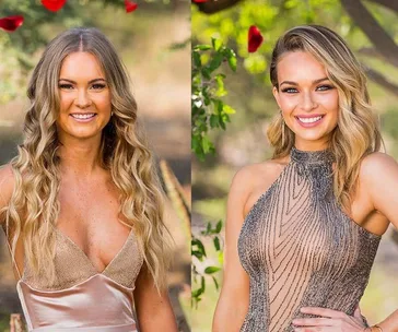 Two women smiling, one in a deep V-neck gold dress, the other in a sleeveless metallic dress, with rose petals above.
