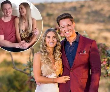 Couple smiling and posing together; inset shows them sitting and laughing, conveying affection and happiness.