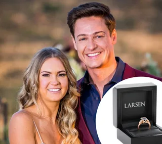 Young couple smiles outdoors with an inset image of a ring in a Larsen box.
