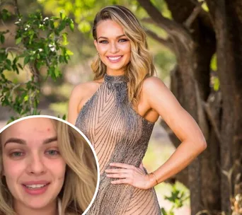 A woman in a shimmering dress smiles outdoors, with a close-up inset of her face without makeup.