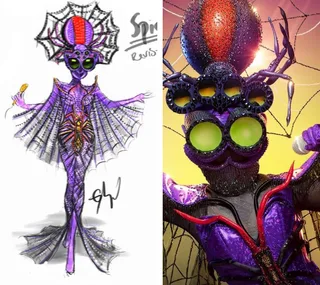 "Purple spider-themed costume from The Masked Singer, featuring web motifs, large green lenses, and elaborate headpiece."