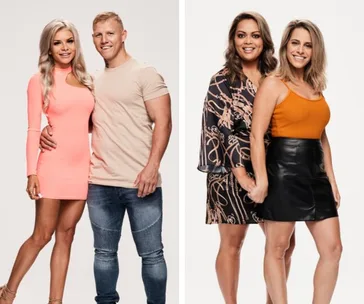 Couples from "Bride and Prejudice" pose smiling; one in a light orange dress, another in a patterned dress.