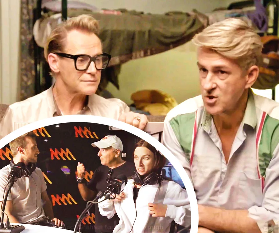 Two men speaking in a room with bunk beds; inset shows a radio studio discussion with headphones and microphones.