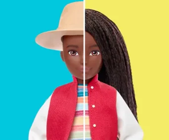 Half-doll with hat on left, long hair on right, wearing red jacket, symbolizing gender neutrality against blue and yellow background.