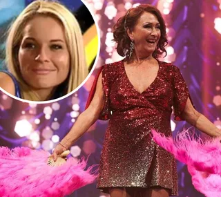 Lynne McGranger in a sparkly red dress on stage, inset photo of a smiling woman.