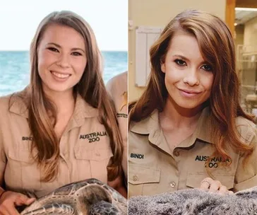 Bindi Irwin in Australia Zoo uniform, holding animals, smiling in both images, one by the sea, the other indoors.