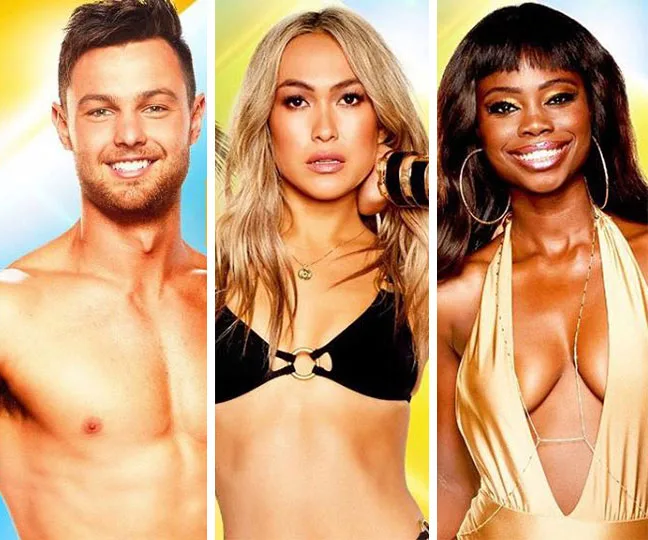 Three contestants from Love Island Australia 2019 are posing against colorful backgrounds.