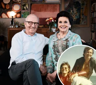 Couple sitting on a couch smiling; inset photo shows them younger, outdoors.