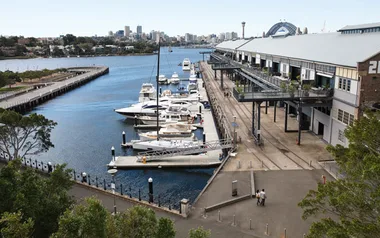 View of marina with boats docked at Pyrmont, Sydney, with city skyline and Sydney Harbour Bridge in the background.