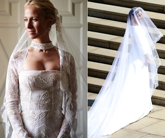 Misha Nonoo in a detailed lace wedding dress with a long veil, posing indoors and walking down steps outdoors.