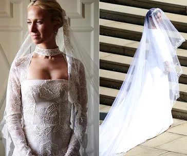 Misha Nonoo in a detailed lace wedding dress with a long veil, posing indoors and walking down steps outdoors.