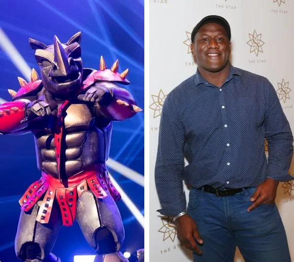 Rhino-costumed character from "The Masked Singer" and a man smiling at an event.