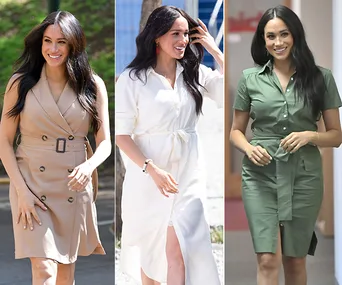 Meghan Markle in beige, white, and green dresses during a trip to Africa, smiling and posing outdoors.