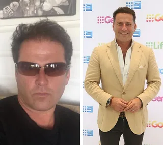 Man with sunglasses on left, formal attire on right at media event, two contrasting looks.