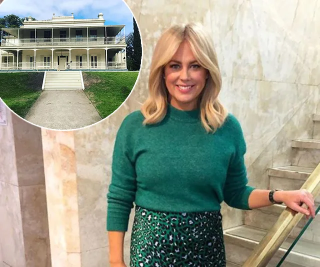 Woman in a green sweater indoors, with a circular inset showing an elegant two-story building with a veranda.