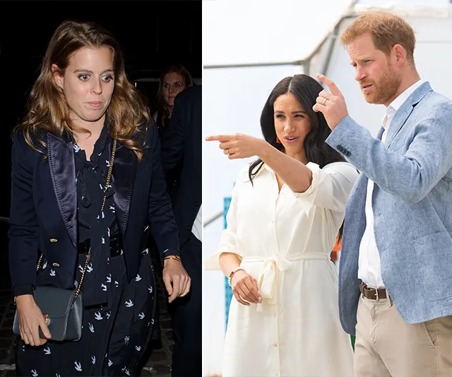 Princess Beatrice in navy outfit; Prince Harry and Meghan Markle in white and blue, pointing and gesturing outdoors.