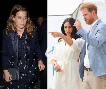 Princess Beatrice in navy outfit; Prince Harry and Meghan Markle in white and blue, pointing and gesturing outdoors.