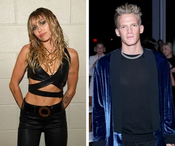 Miley Cyrus and Cody Simpson posing separately; Miley in a black outfit, Cody in a blue jacket at an event.