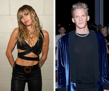 Miley Cyrus and Cody Simpson posing separately; Miley in a black outfit, Cody in a blue jacket at an event.