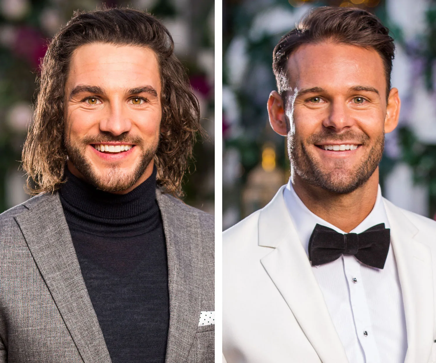 Two men smiling; one in a gray suit and black turtleneck, the other in a white tuxedo and bow tie.
