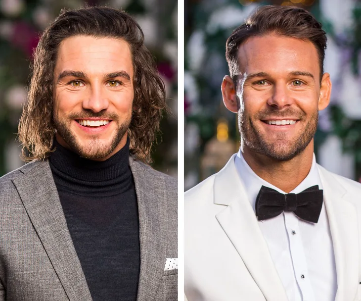 Two men smiling; one in a gray suit and black turtleneck, the other in a white tuxedo and bow tie.